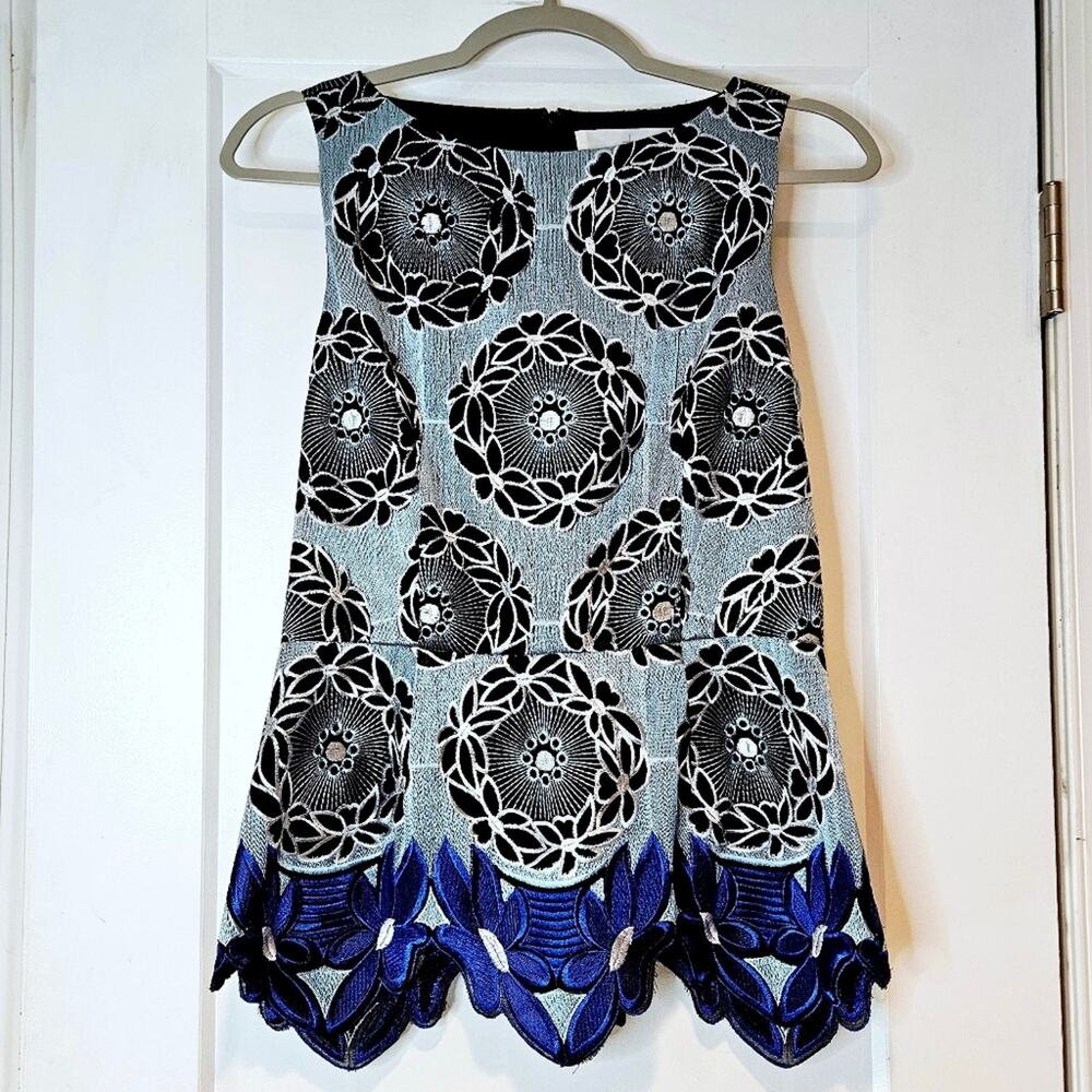Thakoon Addition Blue Black Embroidered Floral Scallop Hem Top 6